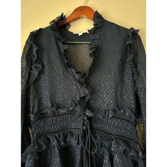 Johnathan Simkhai Navy Semi Sheer Chiffon Ruffle Blouse Size Medium - Picture 8 of 12